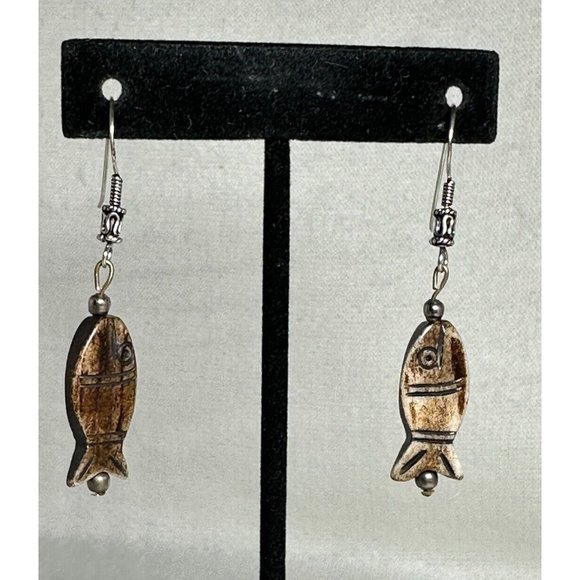 Carved Fish Dangle Earrings - Sterling Ear Hooks - 2 1/4" - Picture 2 of 6